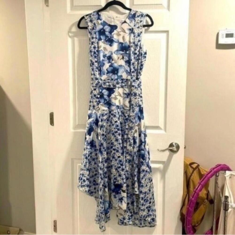NWT Calvin Klein Blue Floral Sleeveless Drop Waist Handkerchief Hem Midi